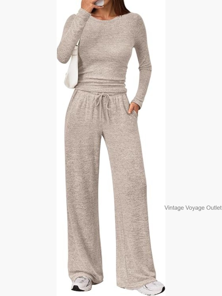 Matching Lounge Set Long Sleeve Crewneck Top Wide Leg Pants Knit Sweater